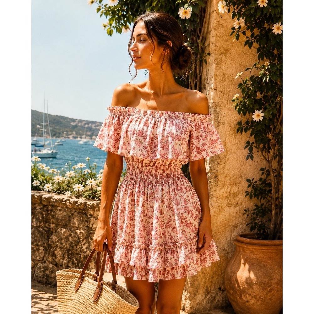 Jessica Simpson Floral Smocked Off Shoulder Mini Dress Pink Orange Boho Medium